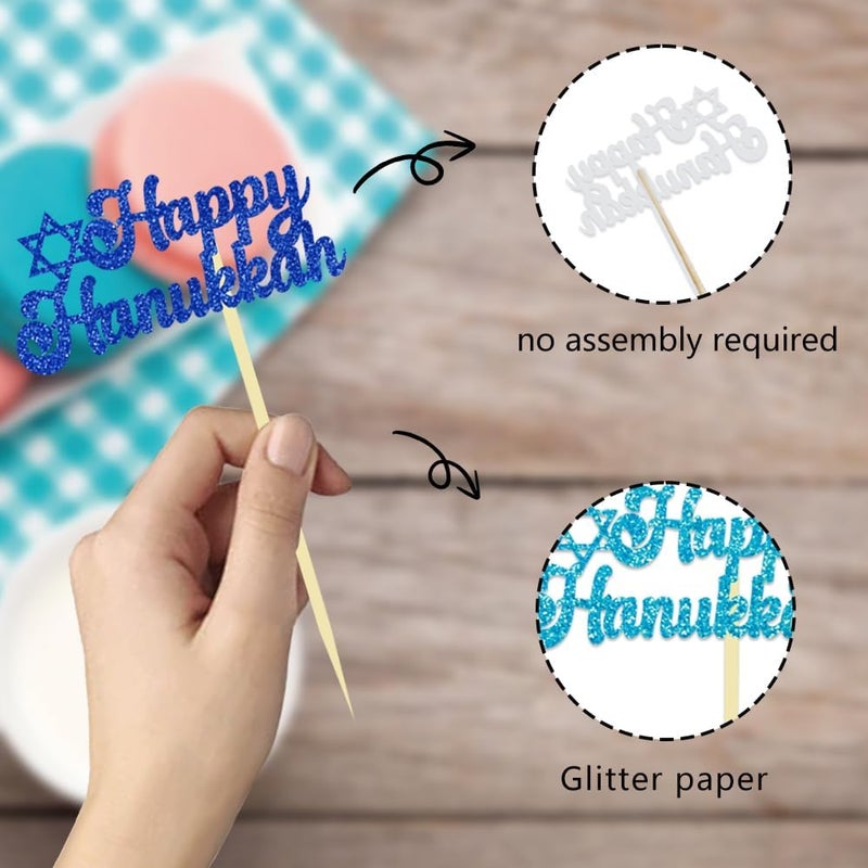 Moitkptt 24Pcs Happy Hanukkah Cupcake Toppers, Star of David Glitter Chanukkah Cupcake Toppers for Hanukkah Party Decorations Lighting Chanukkah Theme Party Supplies (happy) - Image 3